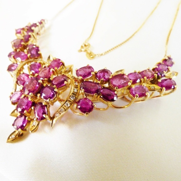 handmade Jewelry - VTG Custom Made 14k yellow gold 16.55 TCW Ruby & Diamond Floral design Necklace